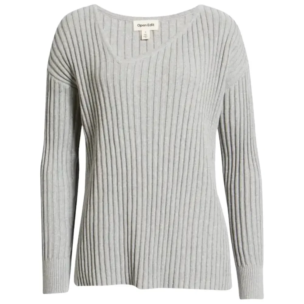 NEW Open Edit Ribbed Sweater Asymmetric Vneck Tunic Long Sleeve Gray Size Small